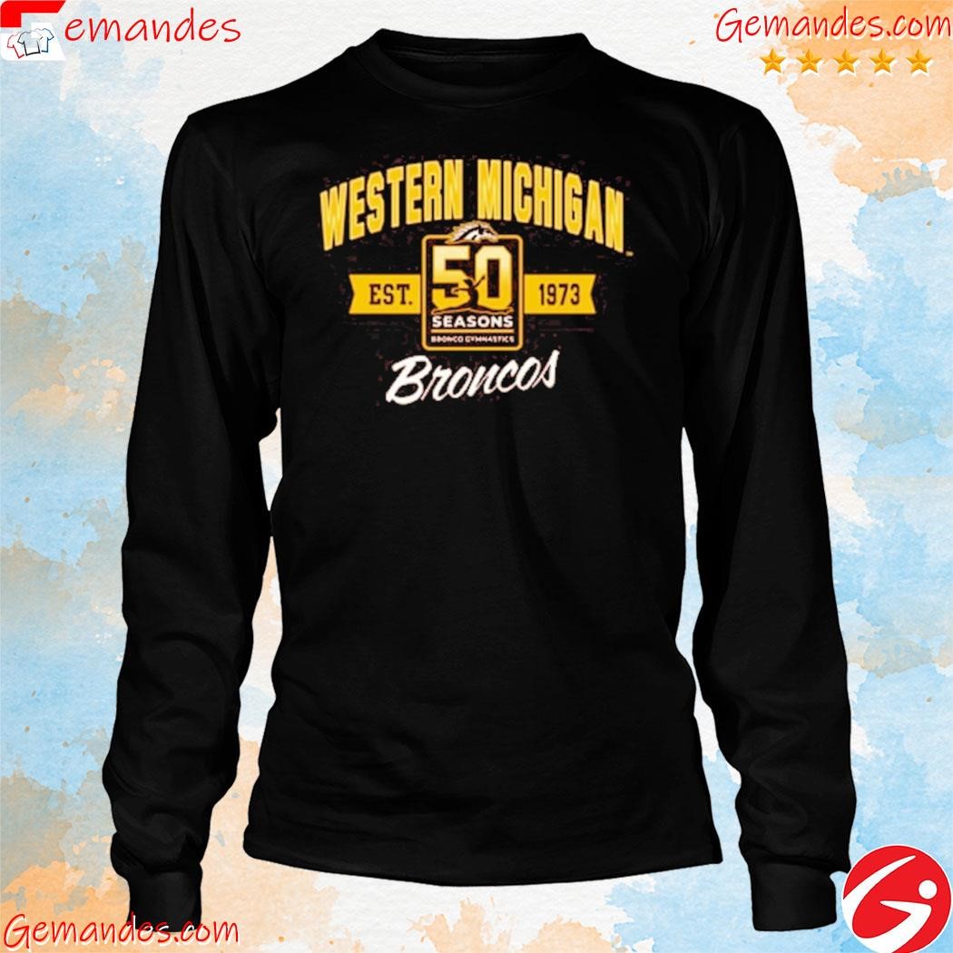 Official Western Michigan Rally Broncos 50th Anniversary of Gymnastics Est 1973 Shirt longslevee.jpg